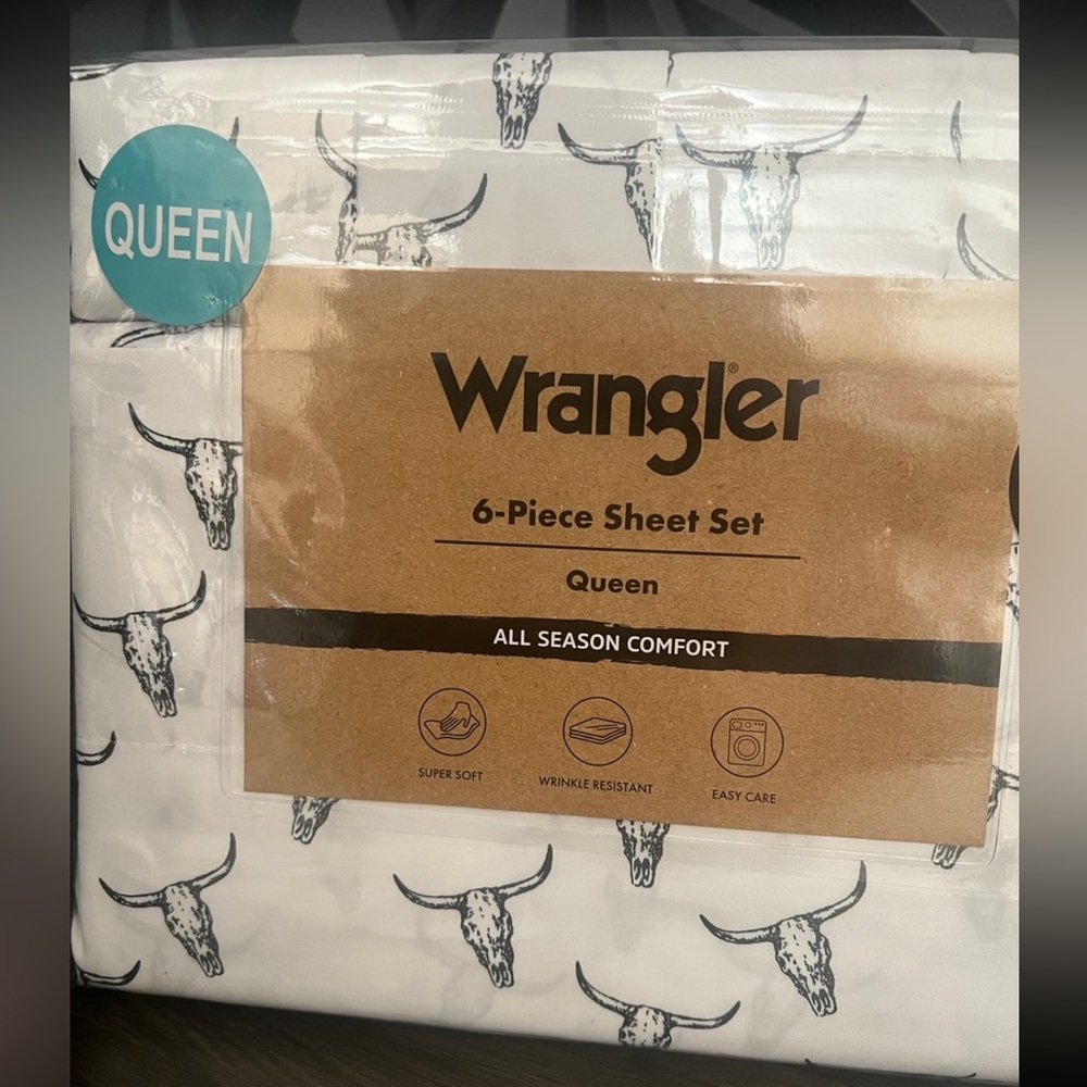 Wrangler 6pc QUEEN Sheet Set Black White Longhorn Steer Bull Skull Western Ranch